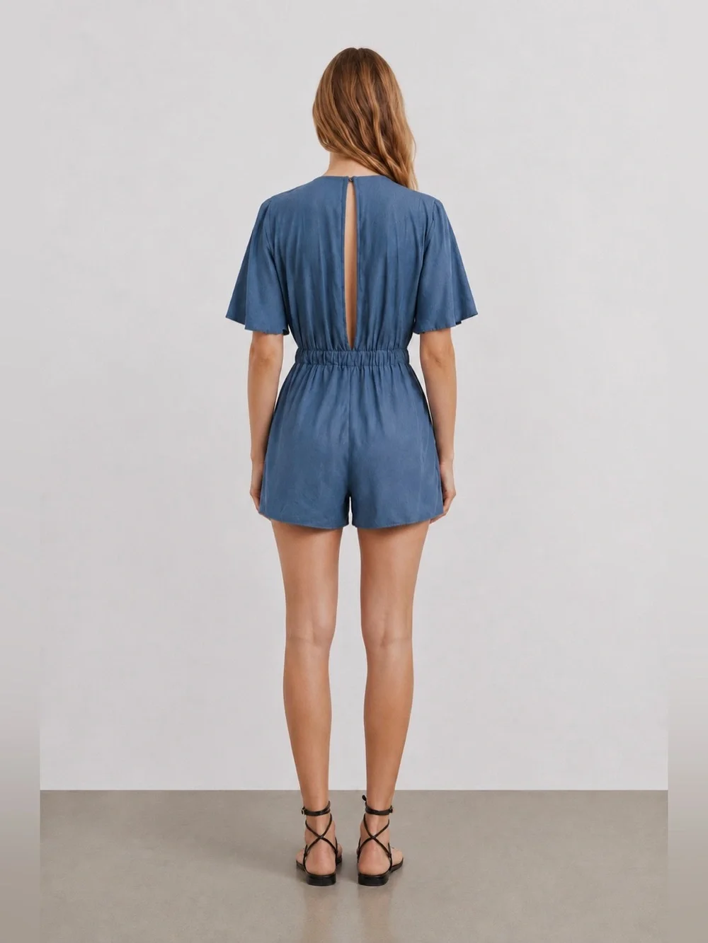 Zara Blue Linen Blend Wrap Romper L V-Neck Flutter Sleeve Keyhole Back Summer